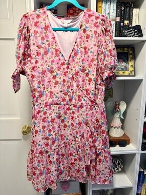 LC Lauren Conrad Pink Floral V-Neck Dress with Multicolor Print